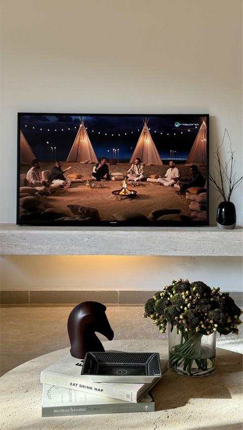 Floating Tv Unit made of light travertine